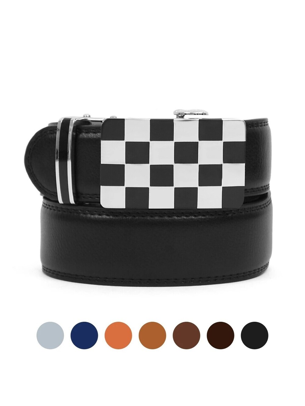 Checkered Sliding Buckle 46" Men's Genuine Leather Gray Ratchet Belt MGLBB5-GY